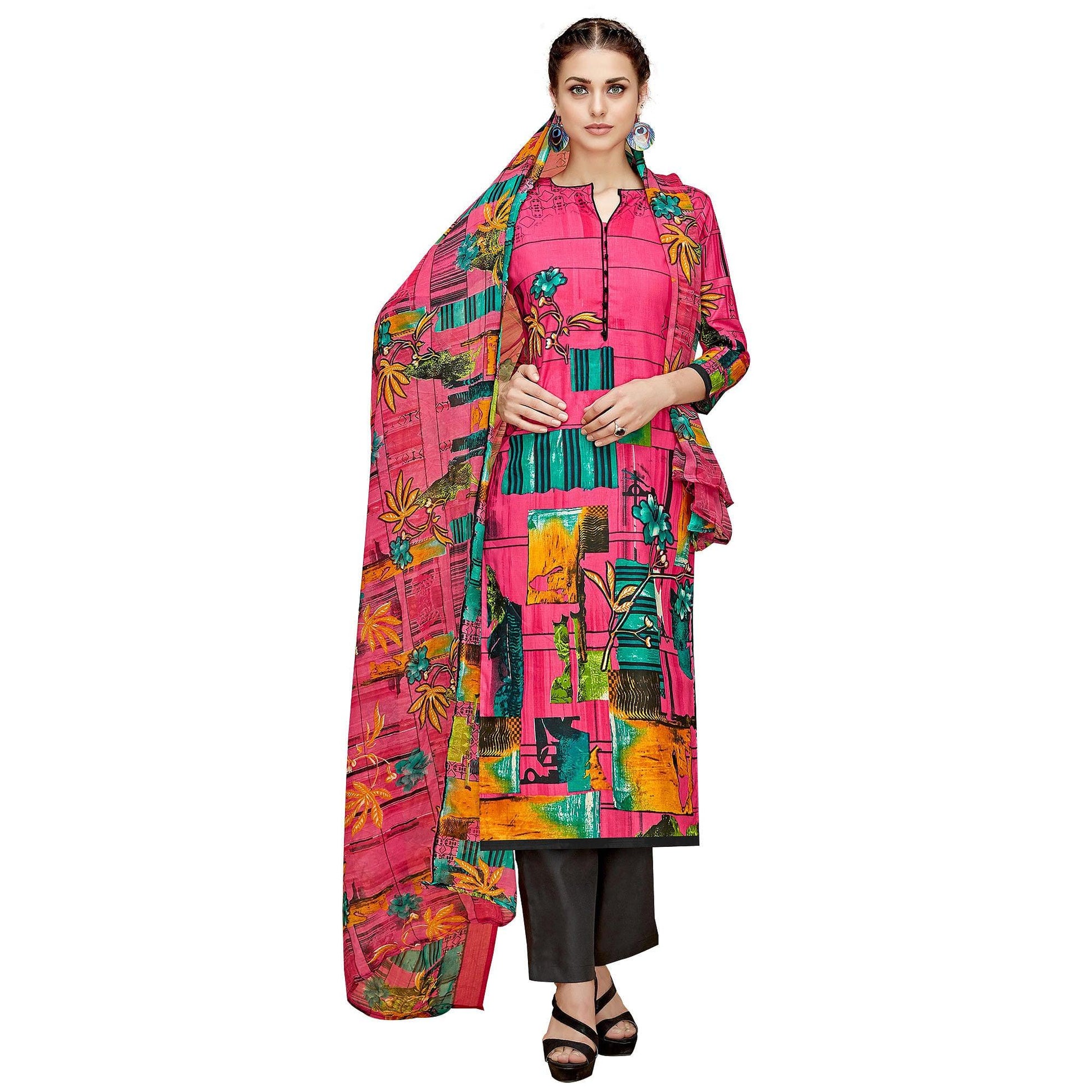 Charming Pink Colored Casual Printed Cotton Dress Material