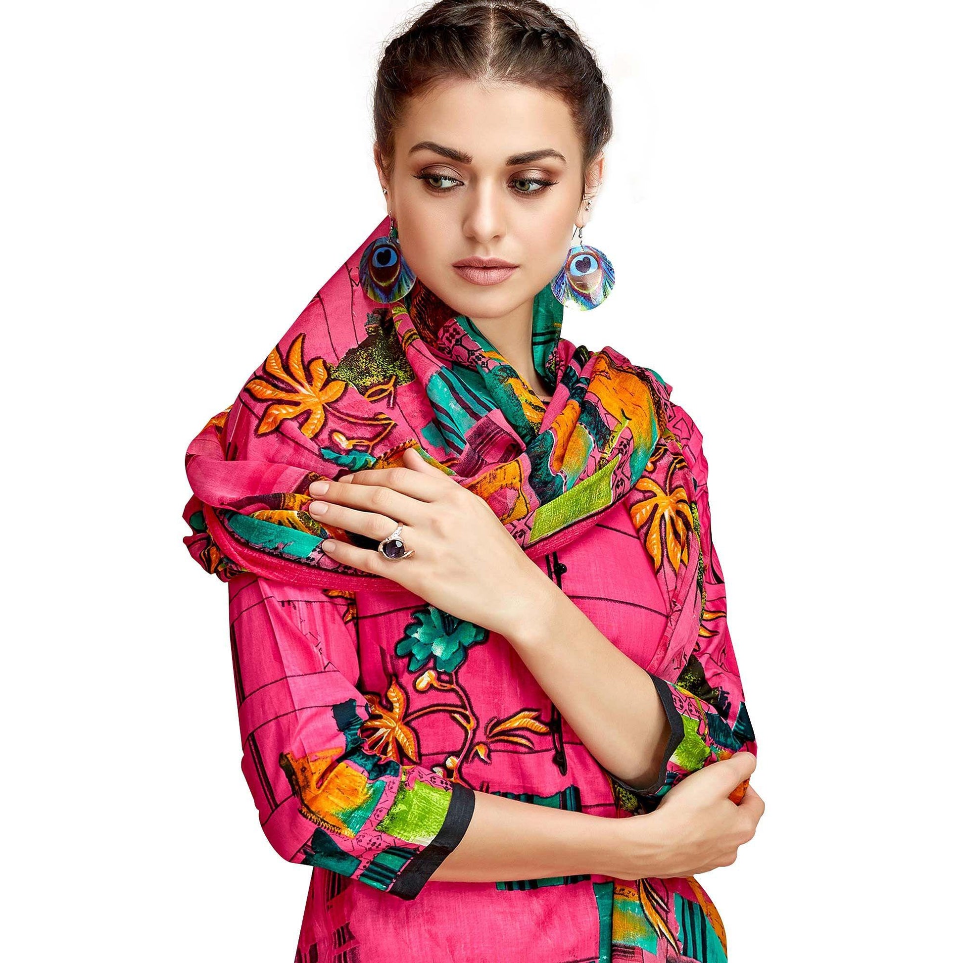 Charming Pink Colored Casual Printed Cotton Dress Material