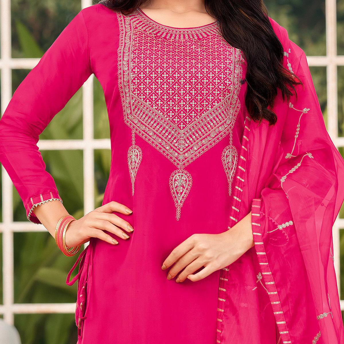 Charming Pink  Colored Festive Wear Embroidered Art Silk Material