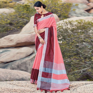Charming Pink Colored Festive Wear Woven Linen Saree