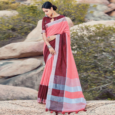 Charming Pink Colored Festive Wear Woven Linen Saree