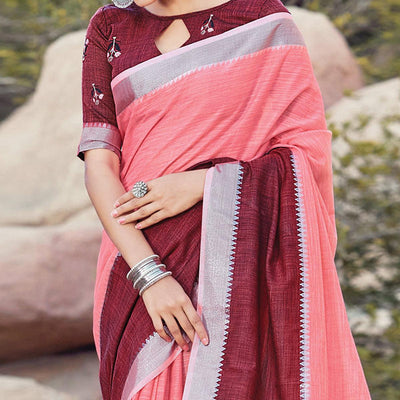 Charming Pink Colored Festive Wear Woven Linen Saree