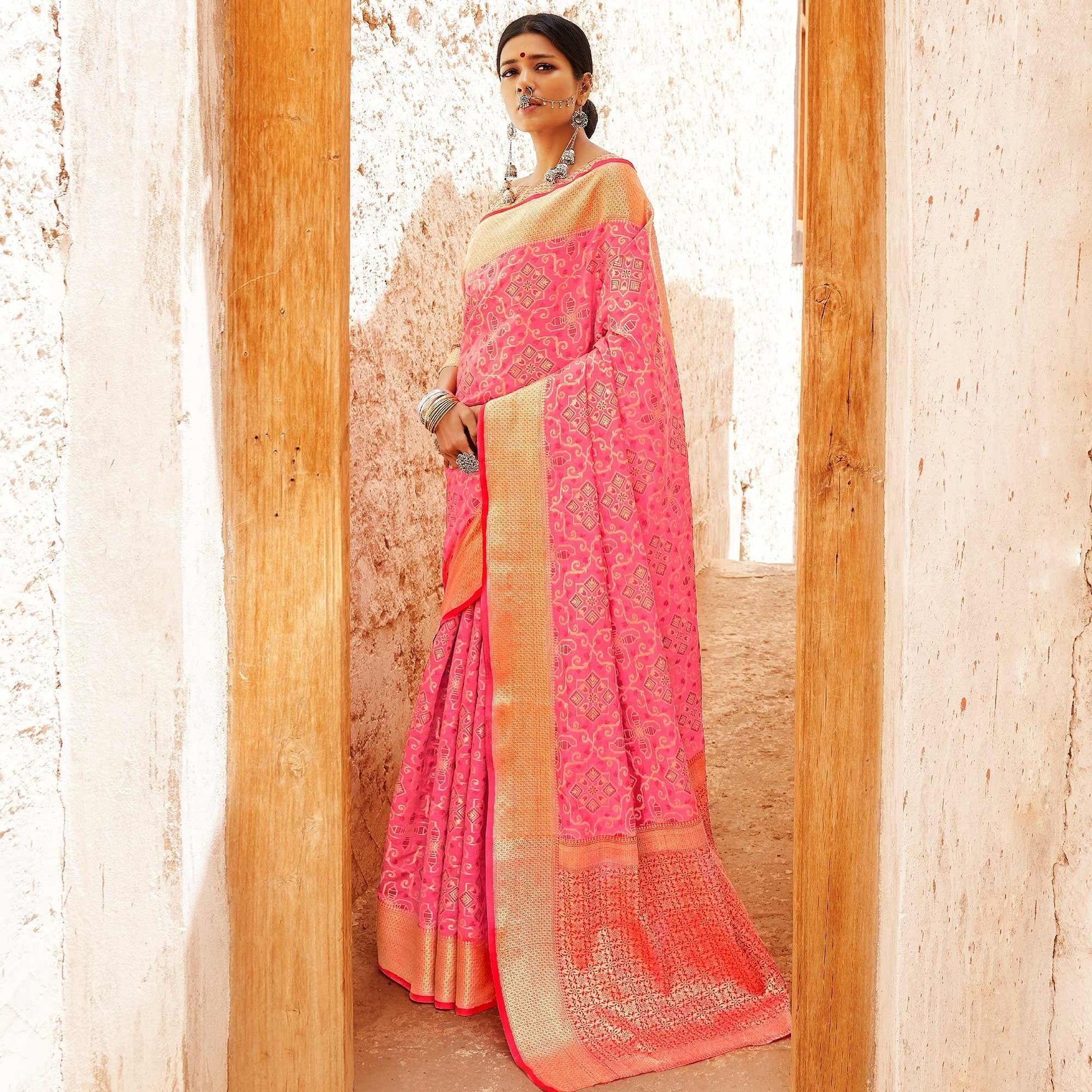 Charming Pink Colored Festive Wear Woven Silk Saree