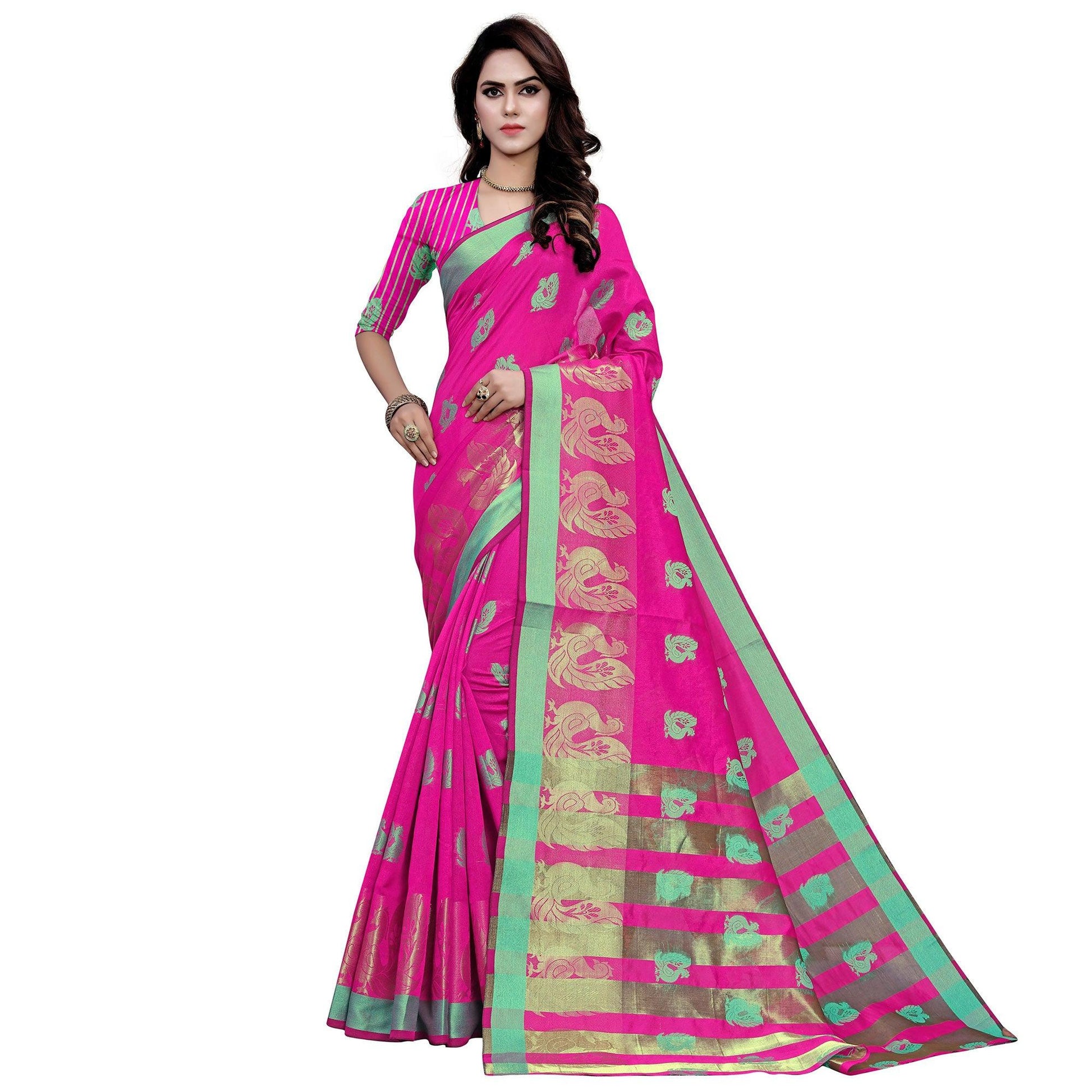 Charming Pink Colored Festive Wear Woven Work Art Silk Saree