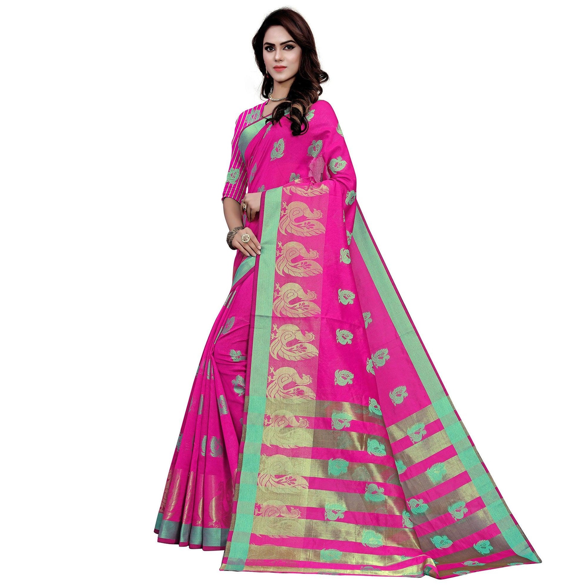 Charming Pink Colored Festive Wear Woven Work Art Silk Saree
