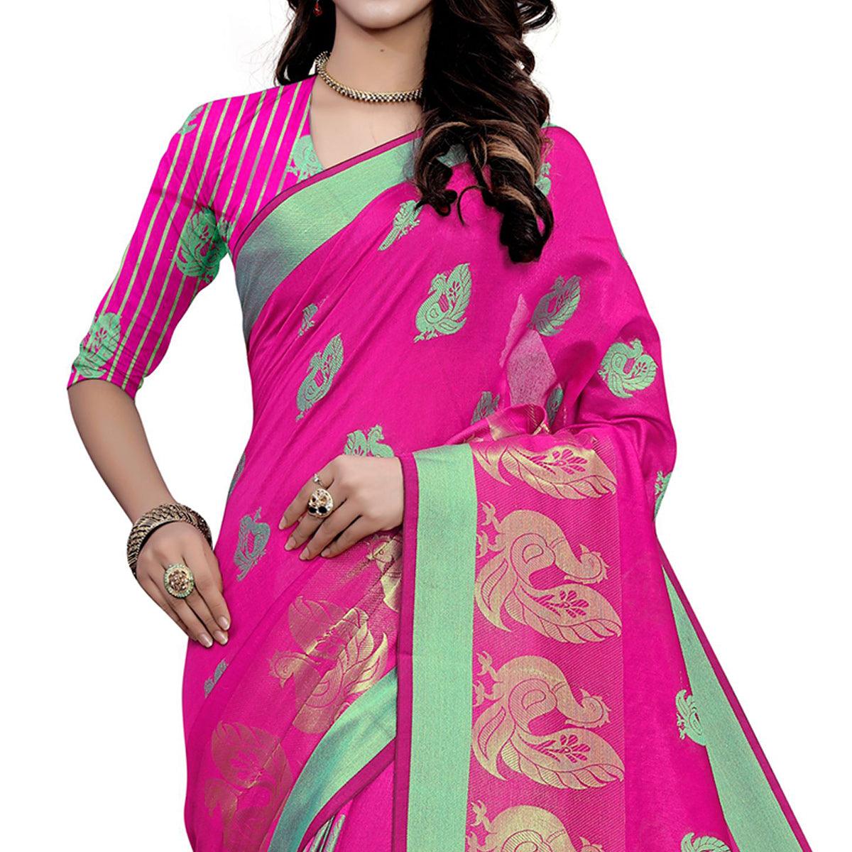 Charming Pink Colored Festive Wear Woven Work Art Silk Saree