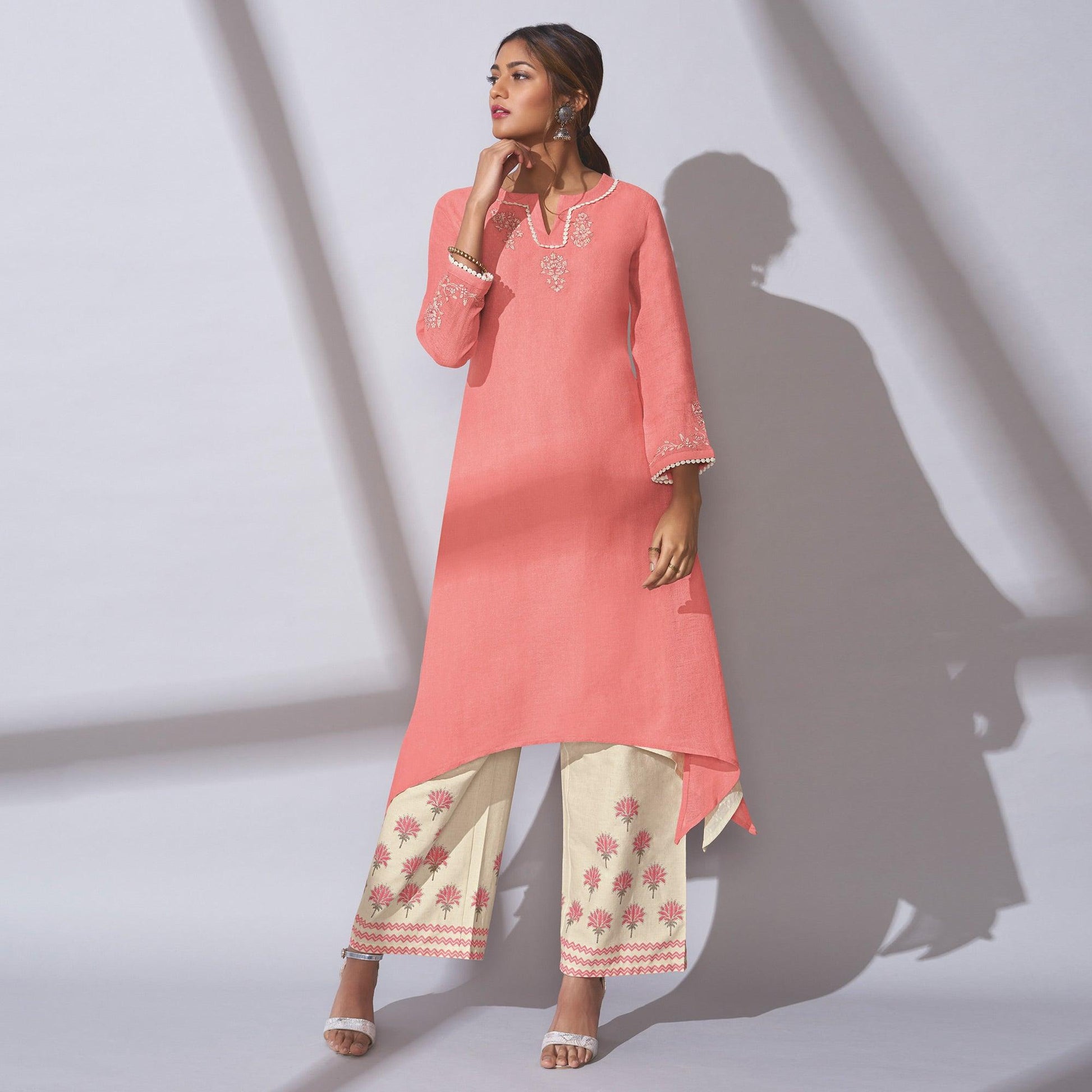Charming Pink Colored Party Wear Embroidered Khadi Cotton Kurti-Palazzo Set