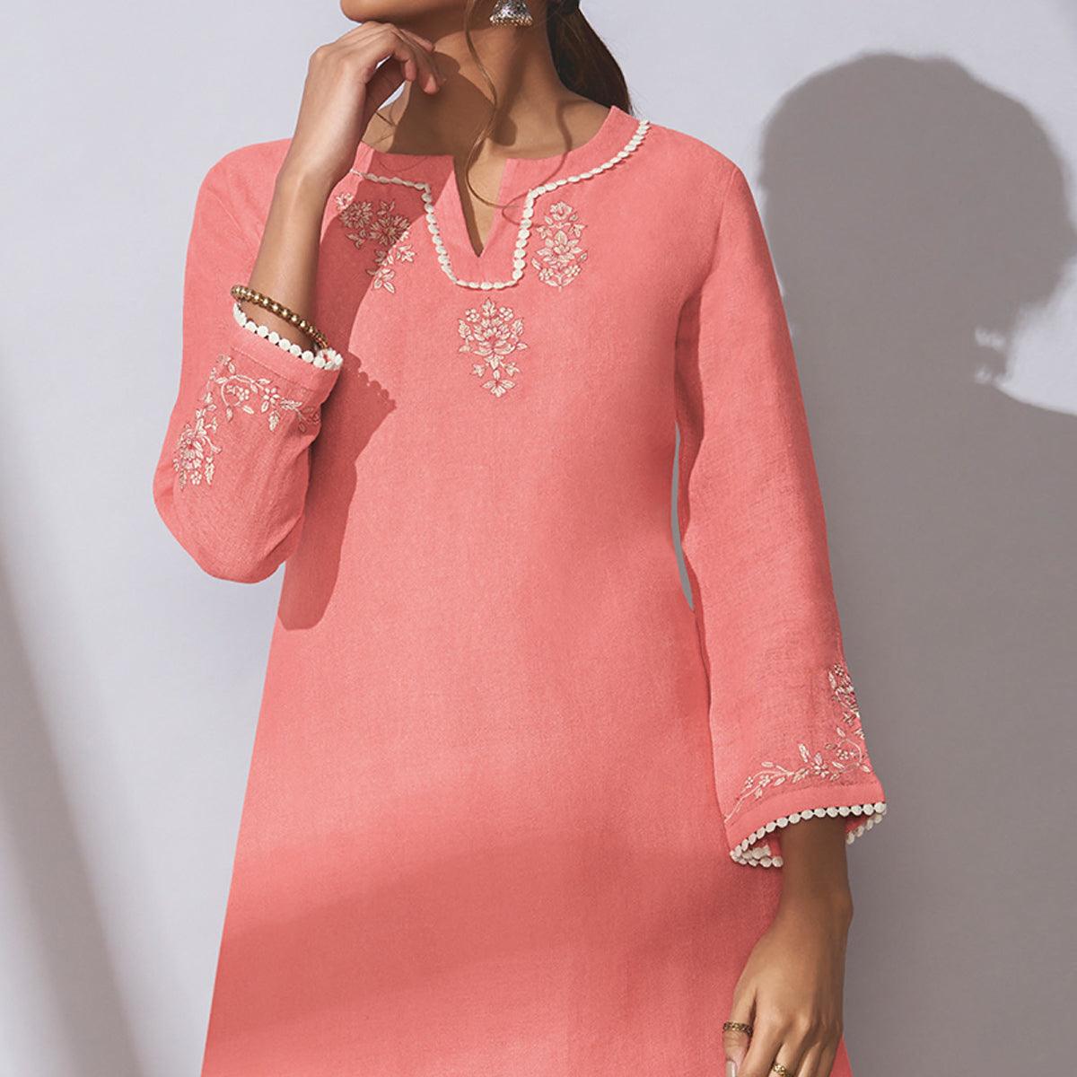 Charming Pink Colored Party Wear Embroidered Khadi Cotton Kurti-Palazzo Set