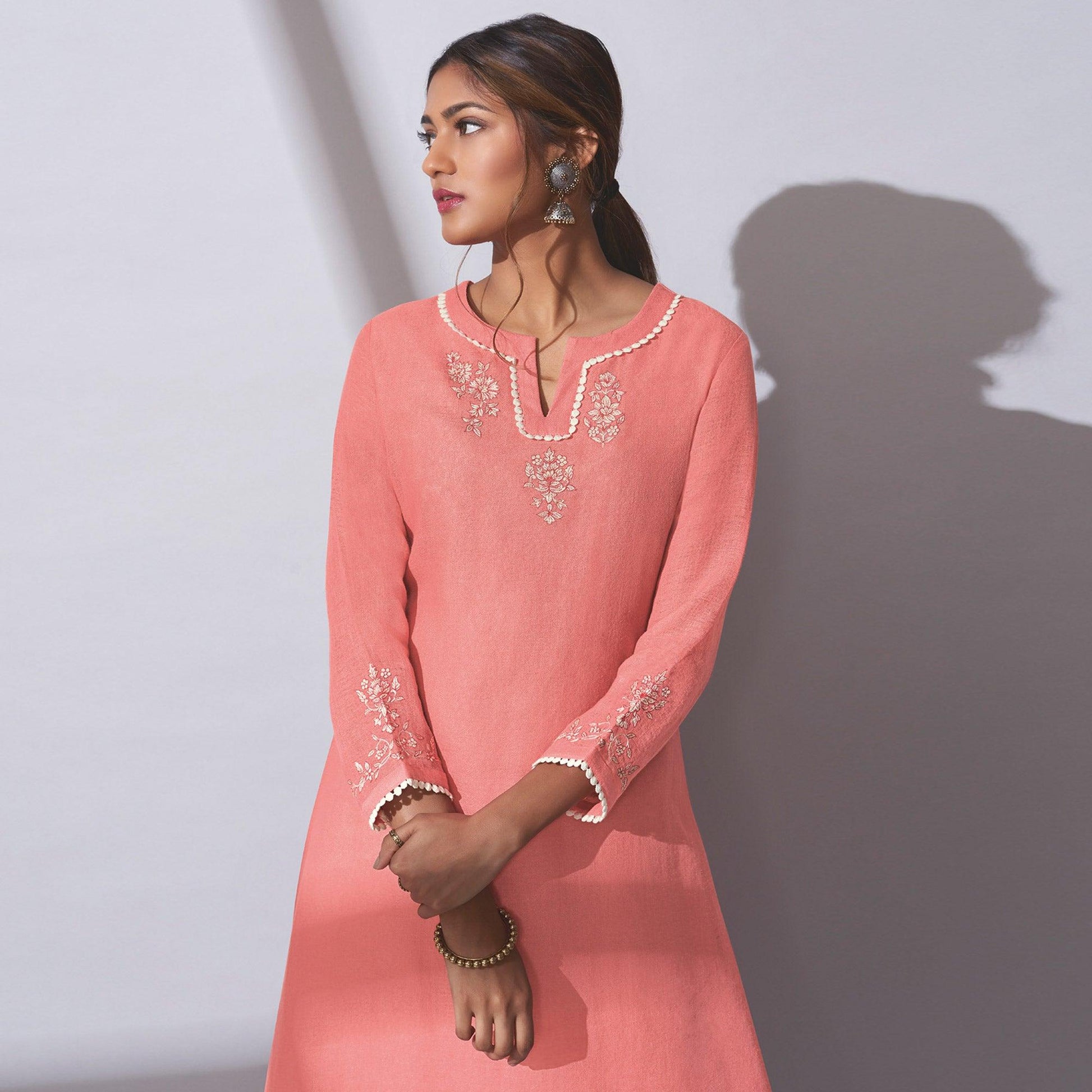 Charming Pink Colored Party Wear Embroidered Khadi Cotton Kurti-Palazzo Set