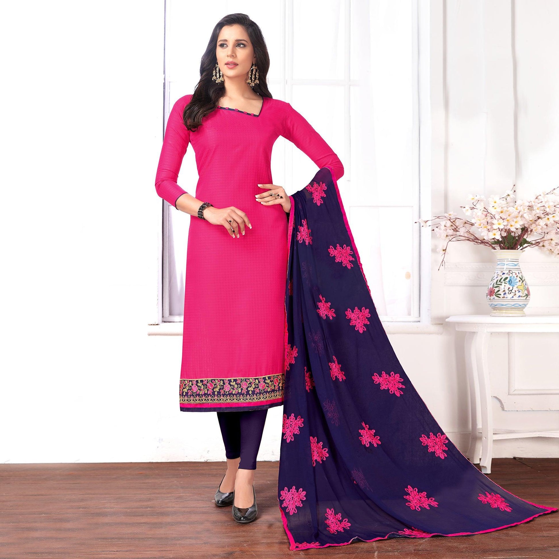 Charming Pink Colored Partywear Embroidered Cotton Suit