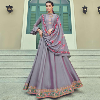 Charming Pink Coloured Embroidered Party Wear Taffeta Gown