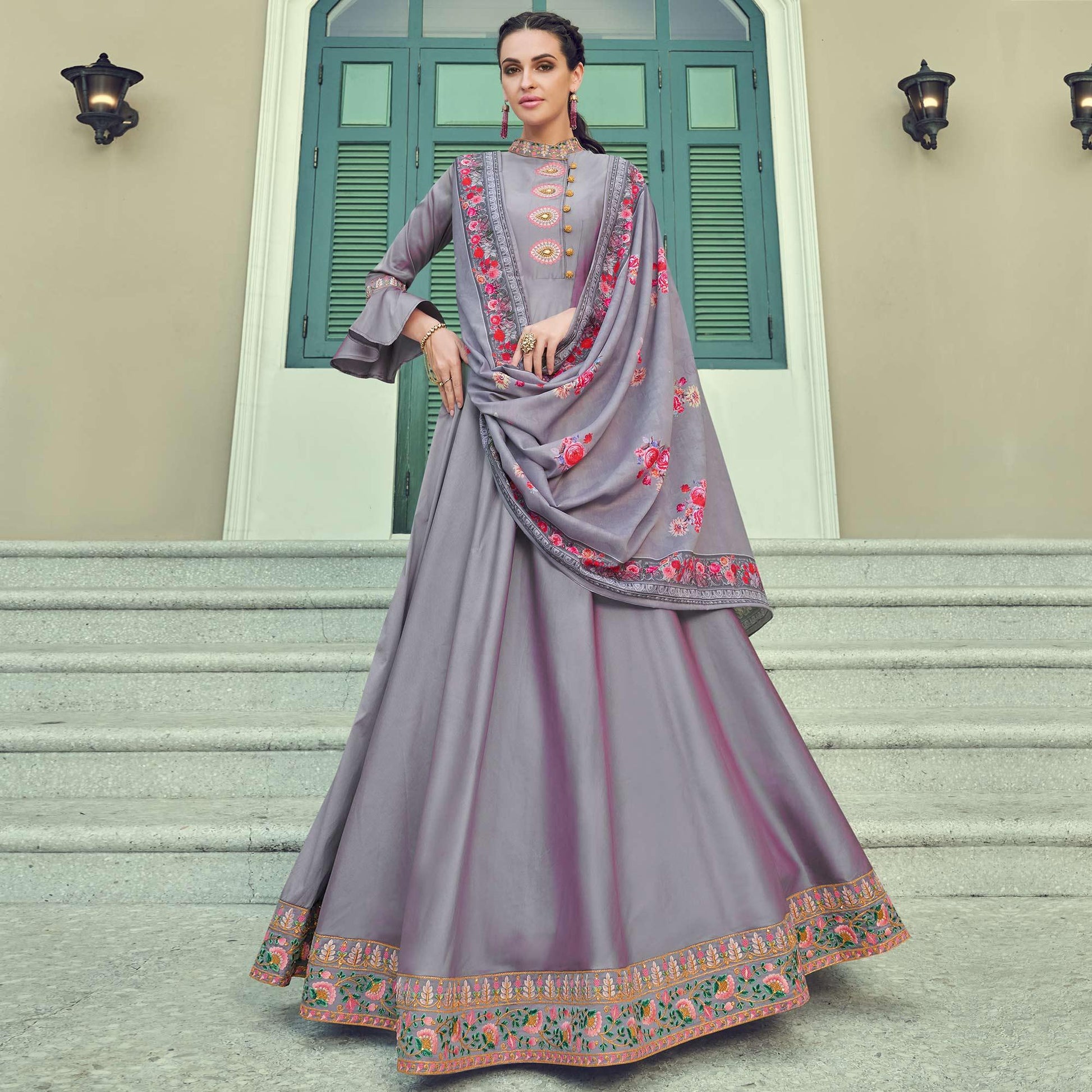 Charming Pink Coloured Embroidered Party Wear Taffeta Gown