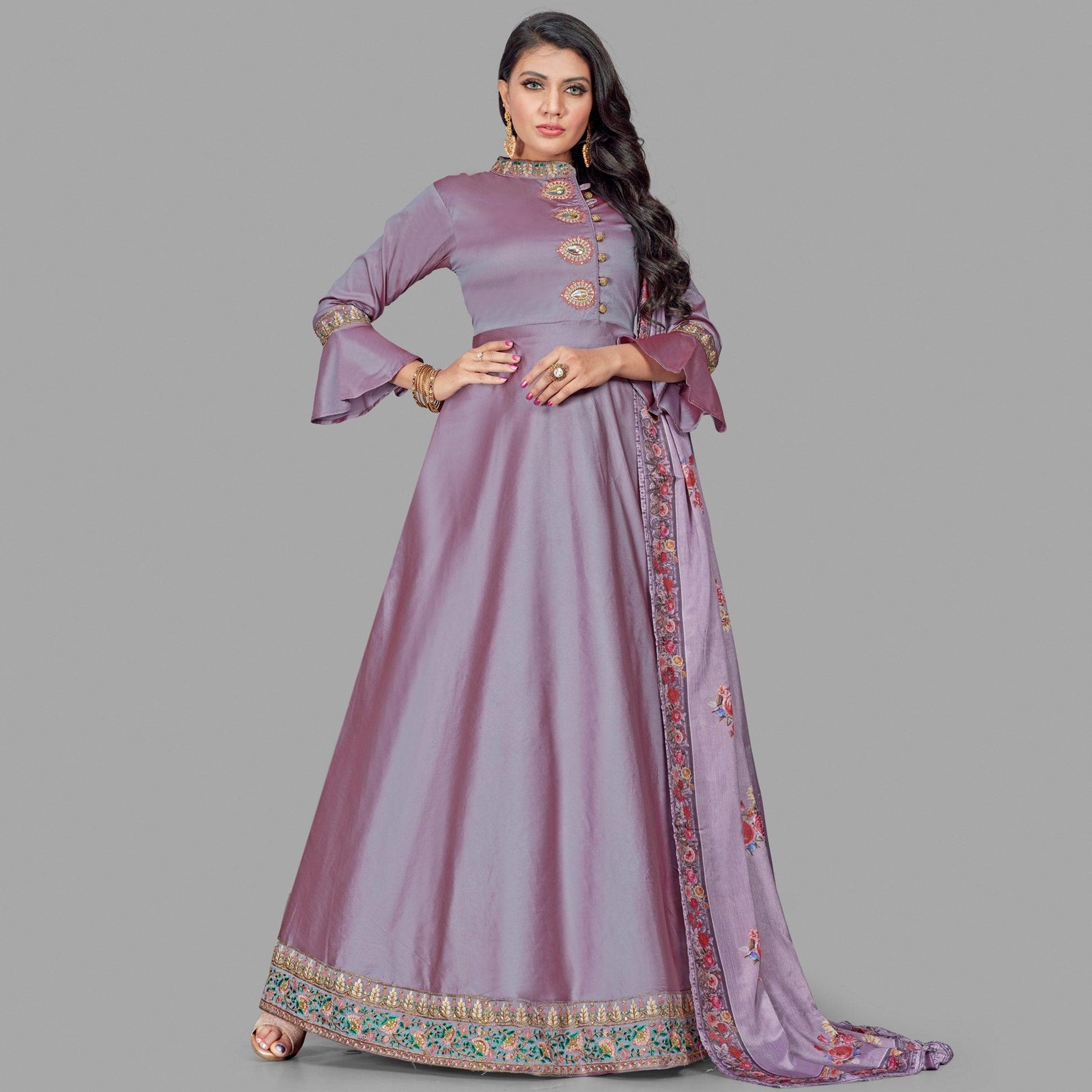 Charming Pink Coloured Embroidered Party Wear Taffeta Gown