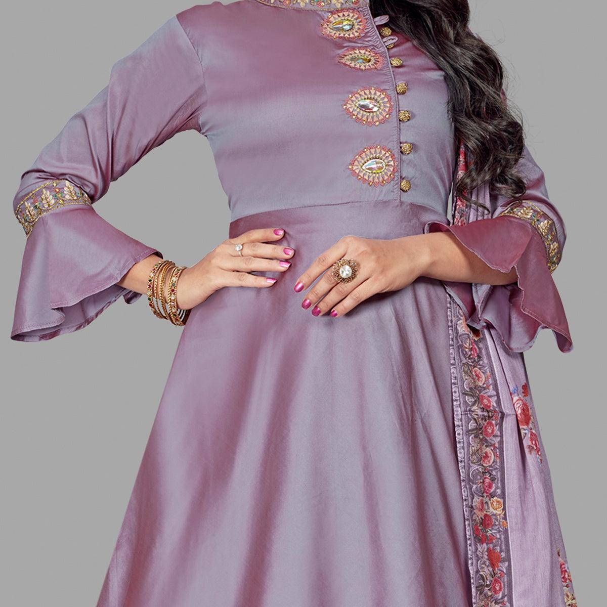 Charming Pink Coloured Embroidered Party Wear Taffeta Gown