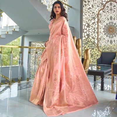 Charming Pink Coloured Partywear Pure Modal Woven Silk Saree