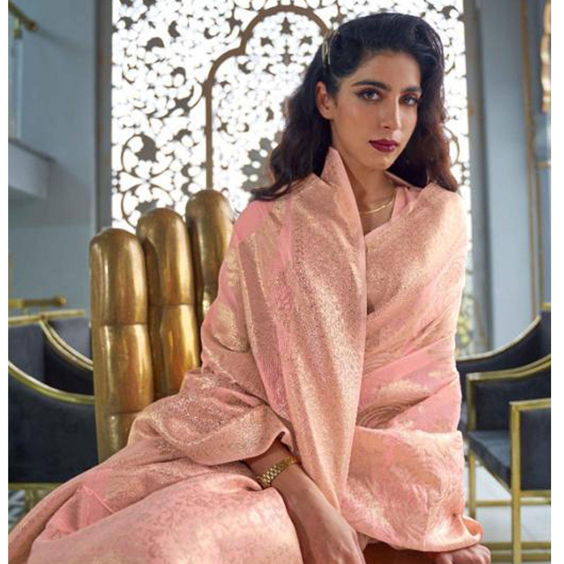 Charming Pink Coloured Partywear Pure Modal Woven Silk Saree