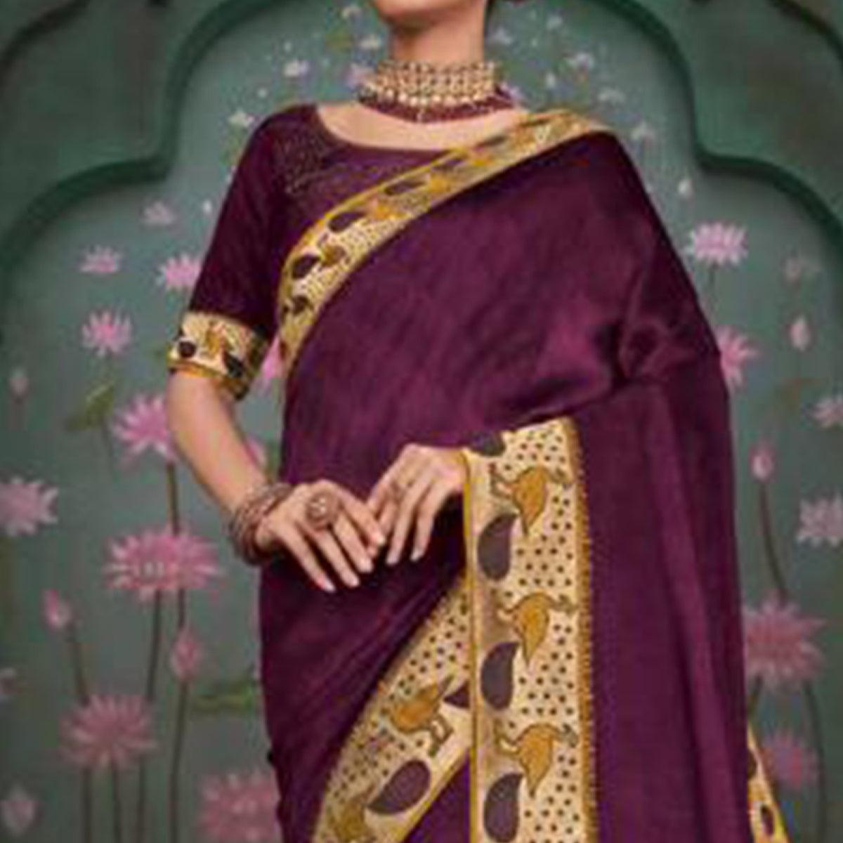 Charming Purple Colored Festive Wear Embroidered Heavy Border Silk Saree