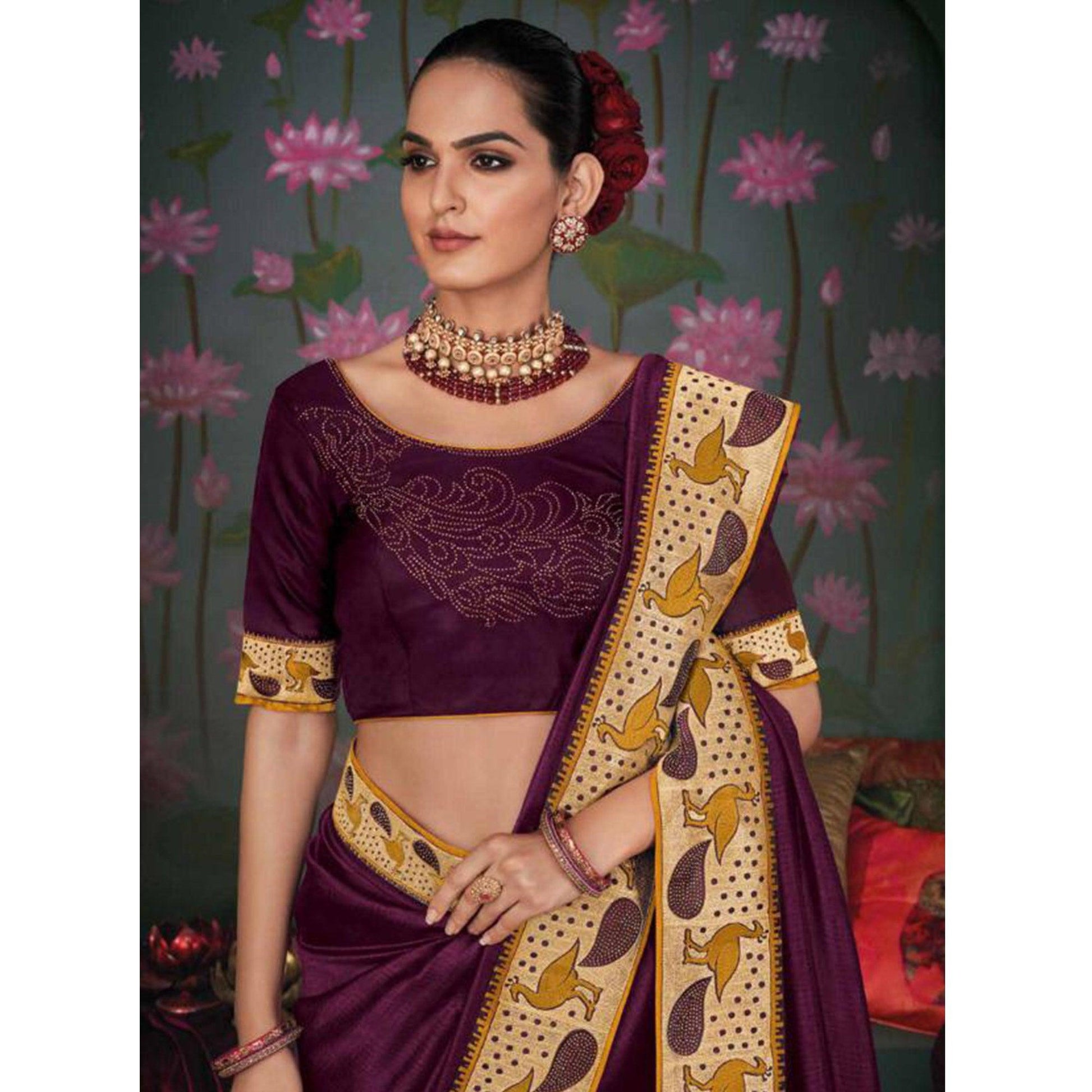 Charming Purple Colored Festive Wear Embroidered Heavy Border Silk Saree