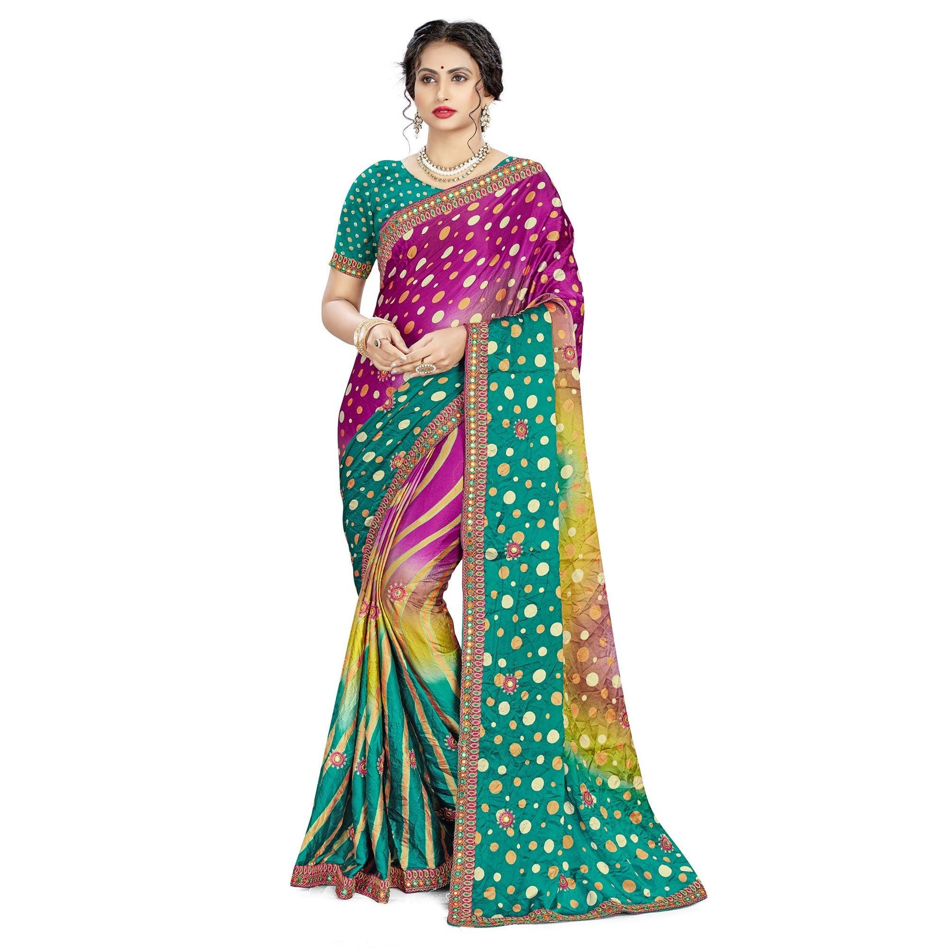 Charming Purple - Green Colored Casual Wear Printed Satin Saree