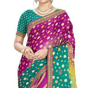 Charming Purple - Green Colored Casual Wear Printed Satin Saree