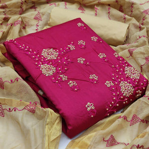 Charming Rani Pink Colored Casual Wear Embroidered Cotton Dress Material