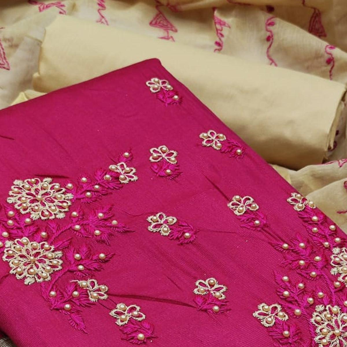 Charming Rani Pink Colored Casual Wear Embroidered Cotton Dress Material