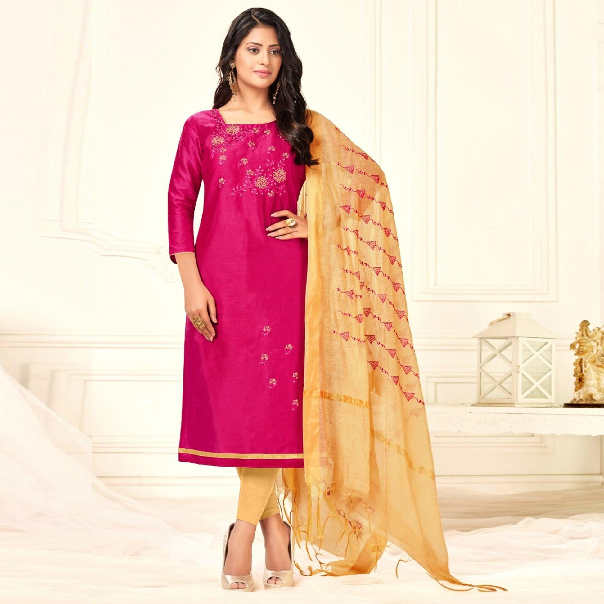 Charming Rani Pink Colored Casual Wear Embroidered Cotton Dress Material