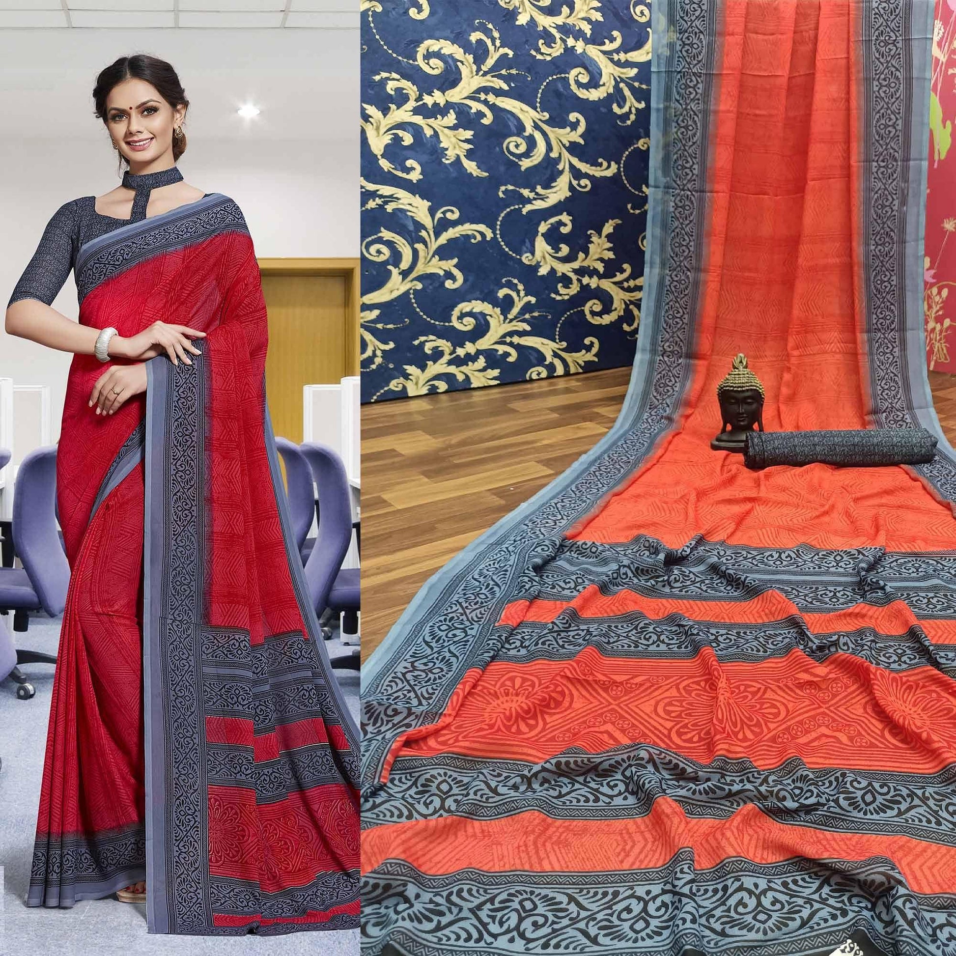 Charming Red Colored Casual Printed Georgette Saree