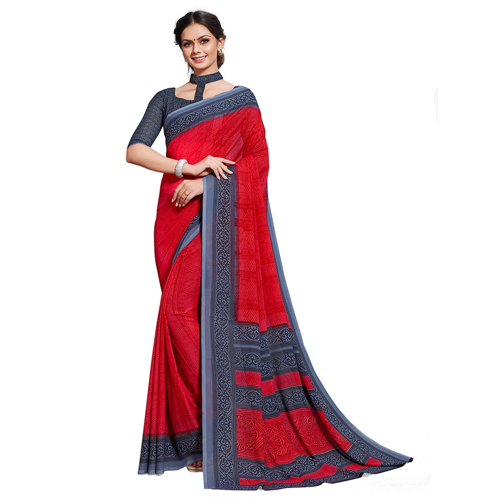 Charming Red Colored Casual Printed Georgette Saree