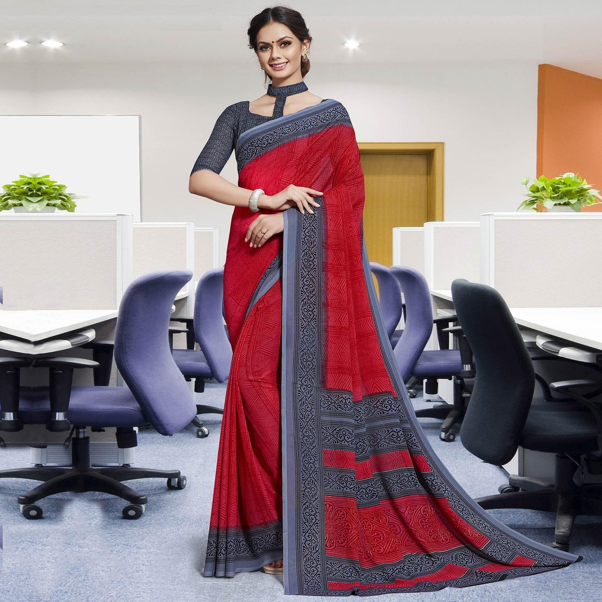 Charming Red Colored Casual Printed Georgette Saree