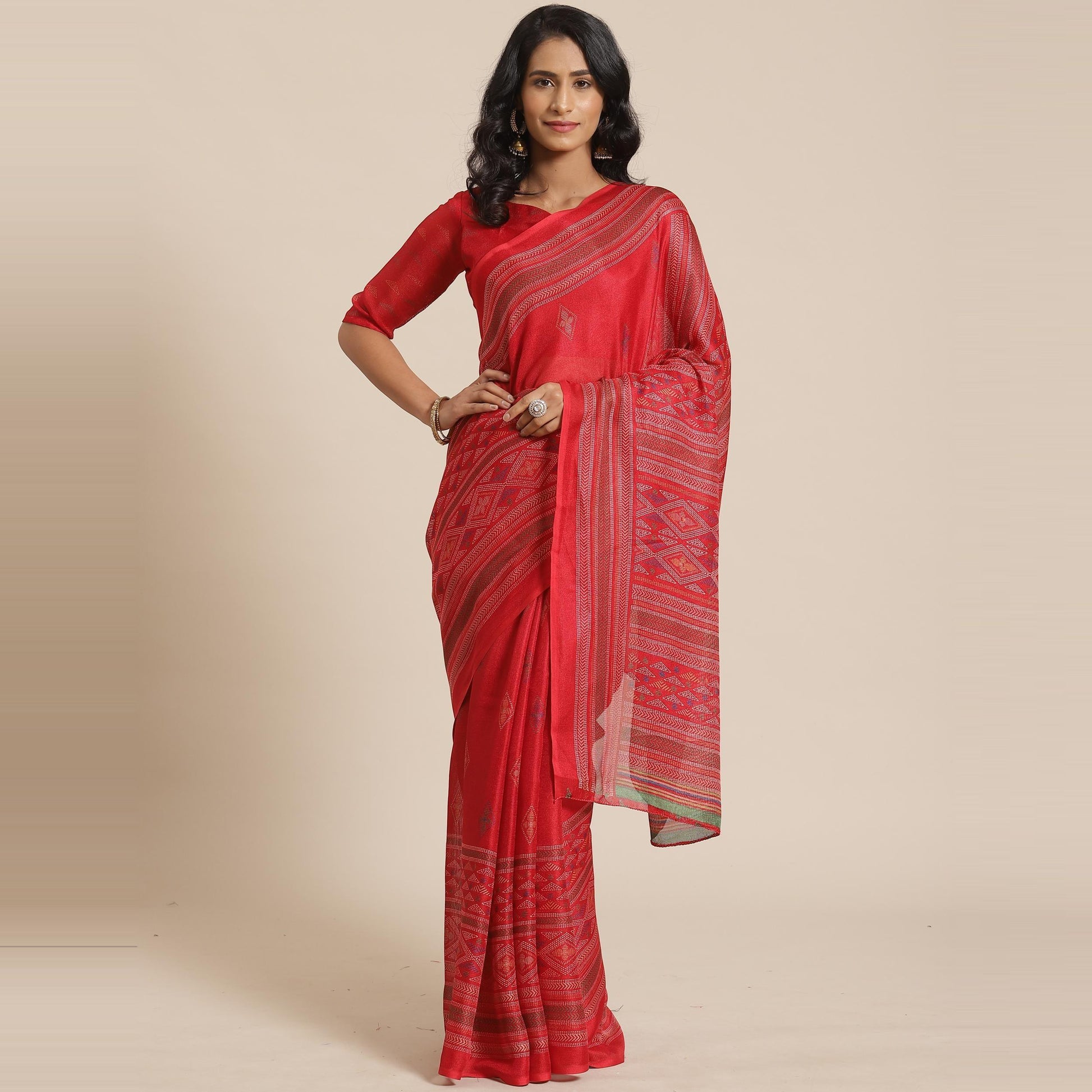 Charming Red Colored Casual Wear Printed Jute Silk Saree
