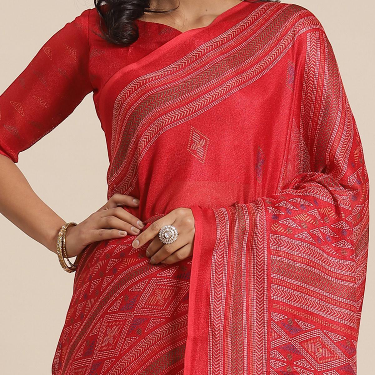 Charming Red Colored Casual Wear Printed Jute Silk Saree