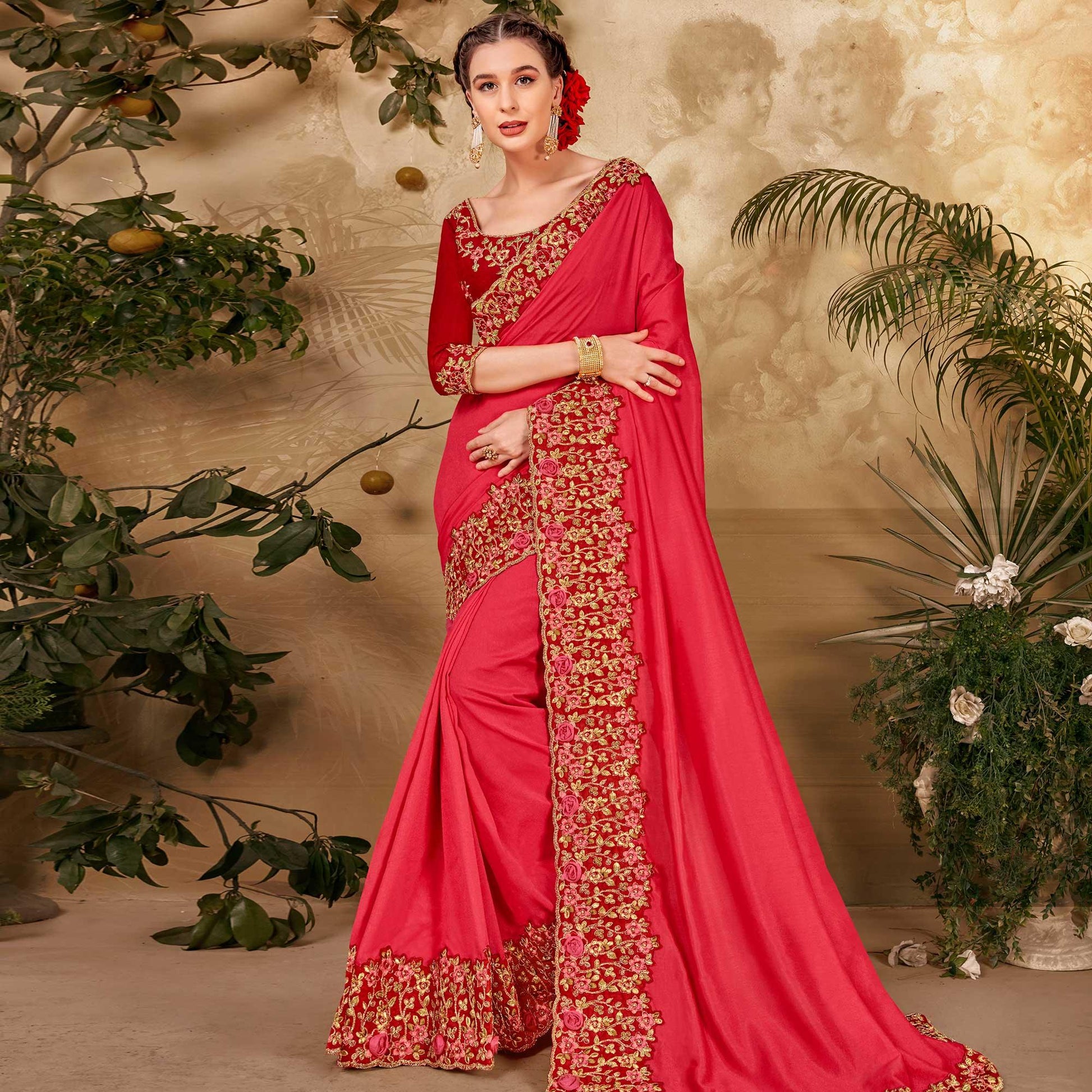 Charming Red Colored Festive Wear Embroidered Vichitra Silk Saree
