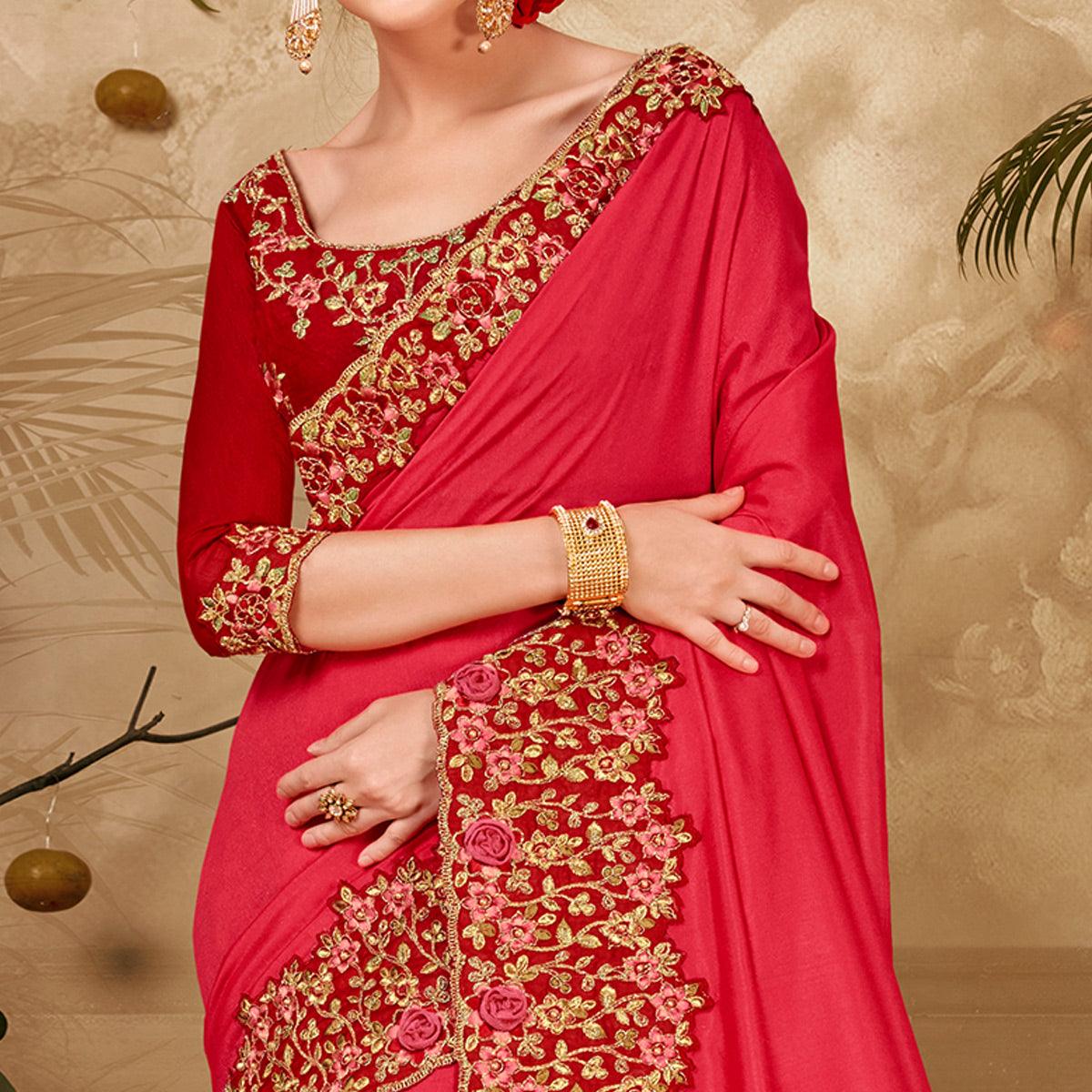 Charming Red Colored Festive Wear Embroidered Vichitra Silk Saree