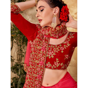 Charming Red Colored Festive Wear Embroidered Vichitra Silk Saree