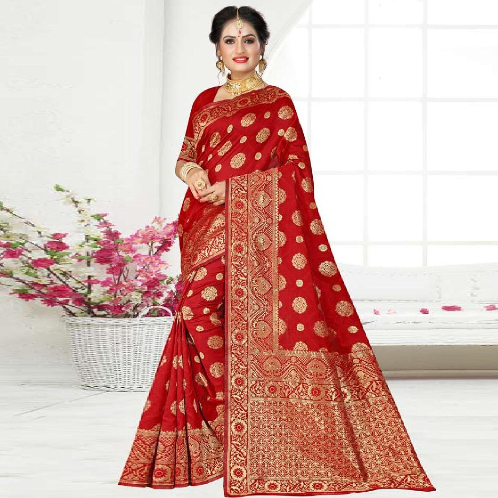 Charming Red Colored Festive Wear Woven Art Silk Saree