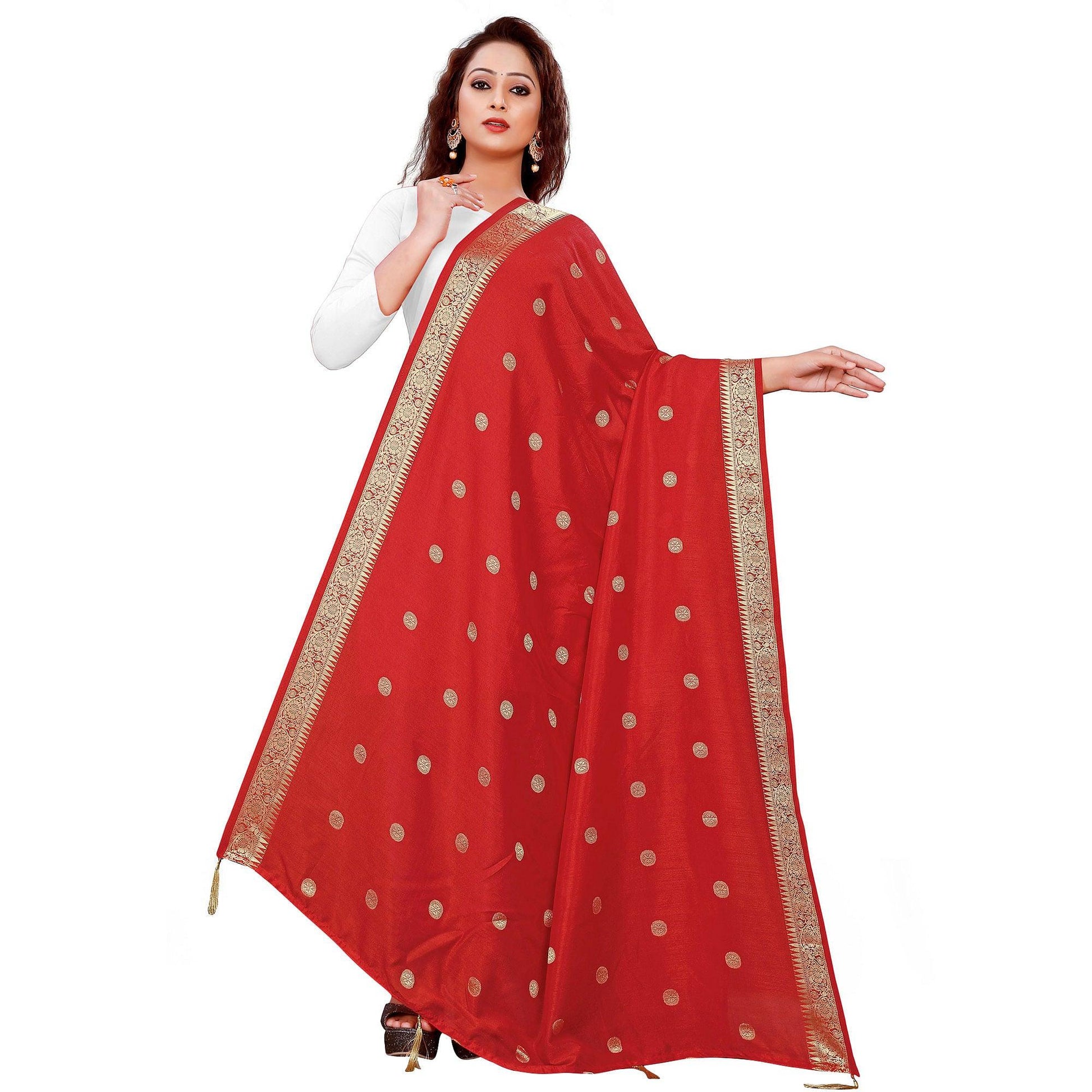 Charming Red Colored Festive Wear Woven Art Silk-Viscose Dupatta With Tassels