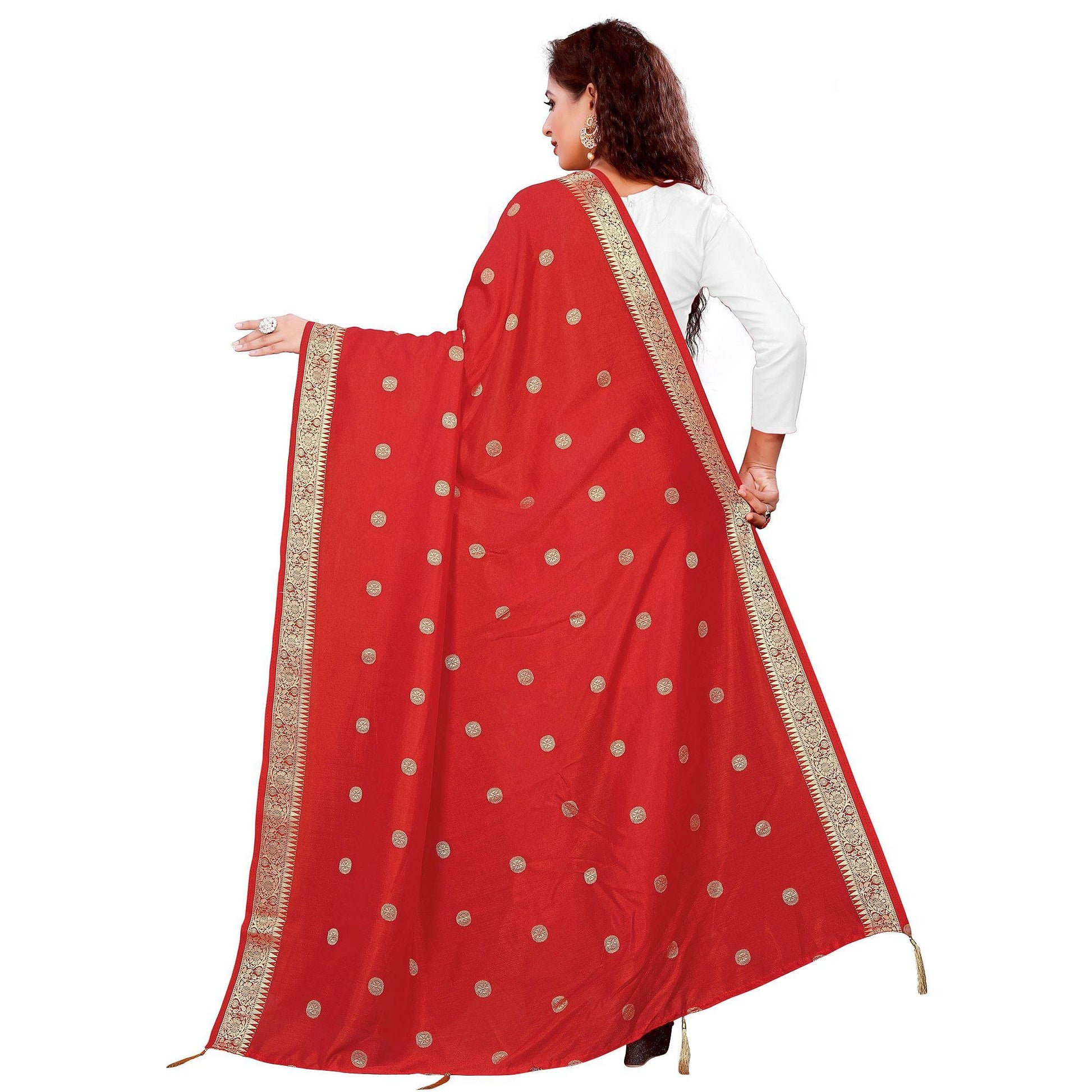 Charming Red Colored Festive Wear Woven Art Silk-Viscose Dupatta With Tassels