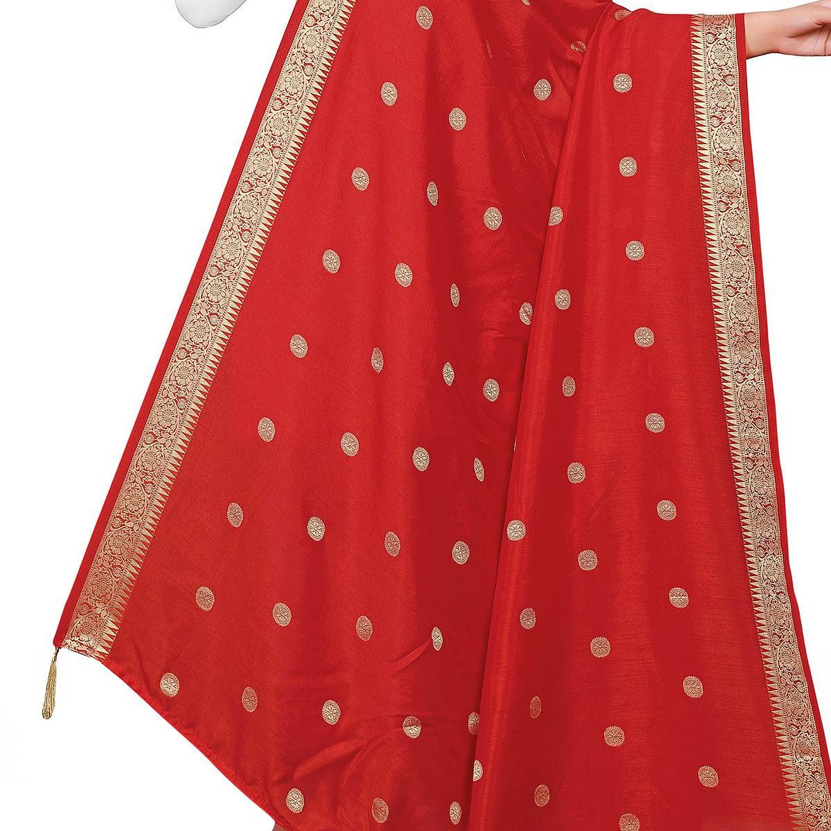 Charming Red Colored Festive Wear Woven Art Silk-Viscose Dupatta With Tassels