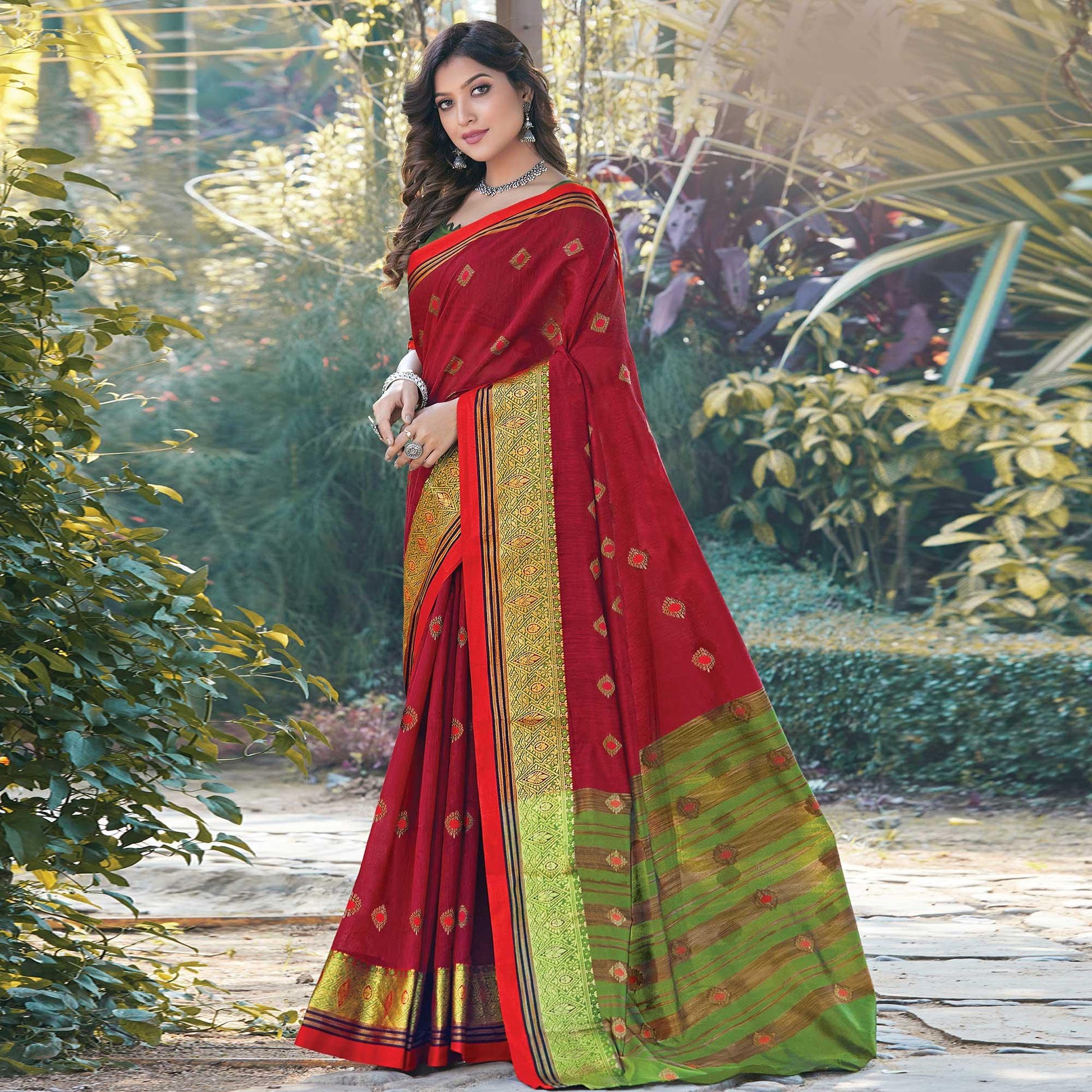 Charming Red Colored Festive Wear Woven Cotton Saree