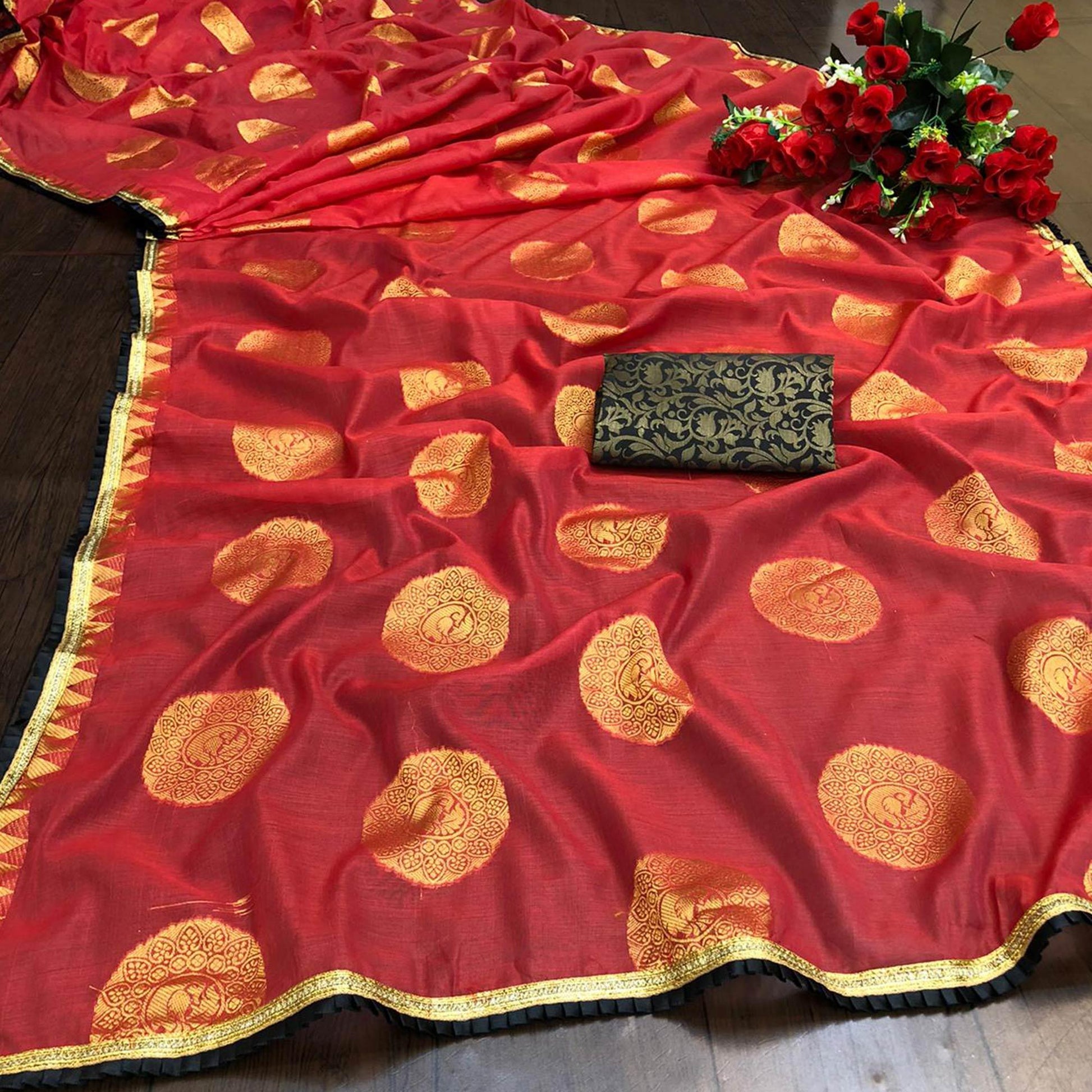 Charming Red Colored Festive Wear Woven Cotton Saree
