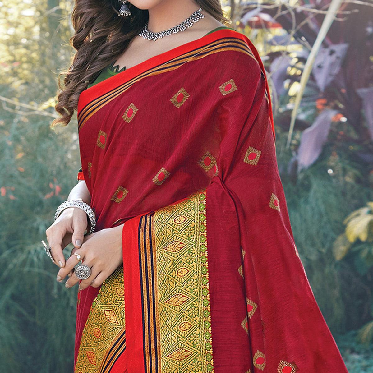 Charming Red Colored Festive Wear Woven Cotton Saree