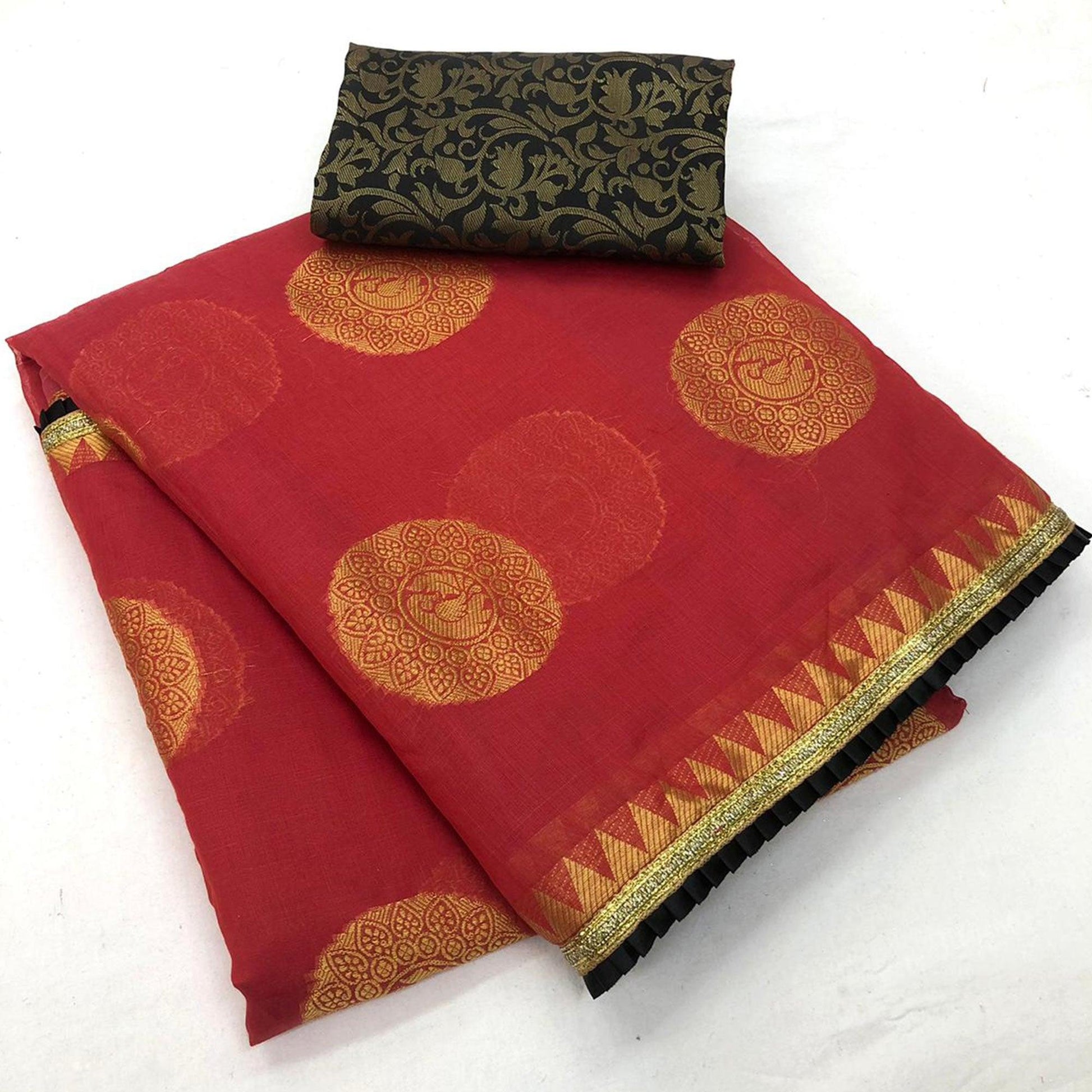 Charming Red Colored Festive Wear Woven Cotton Saree