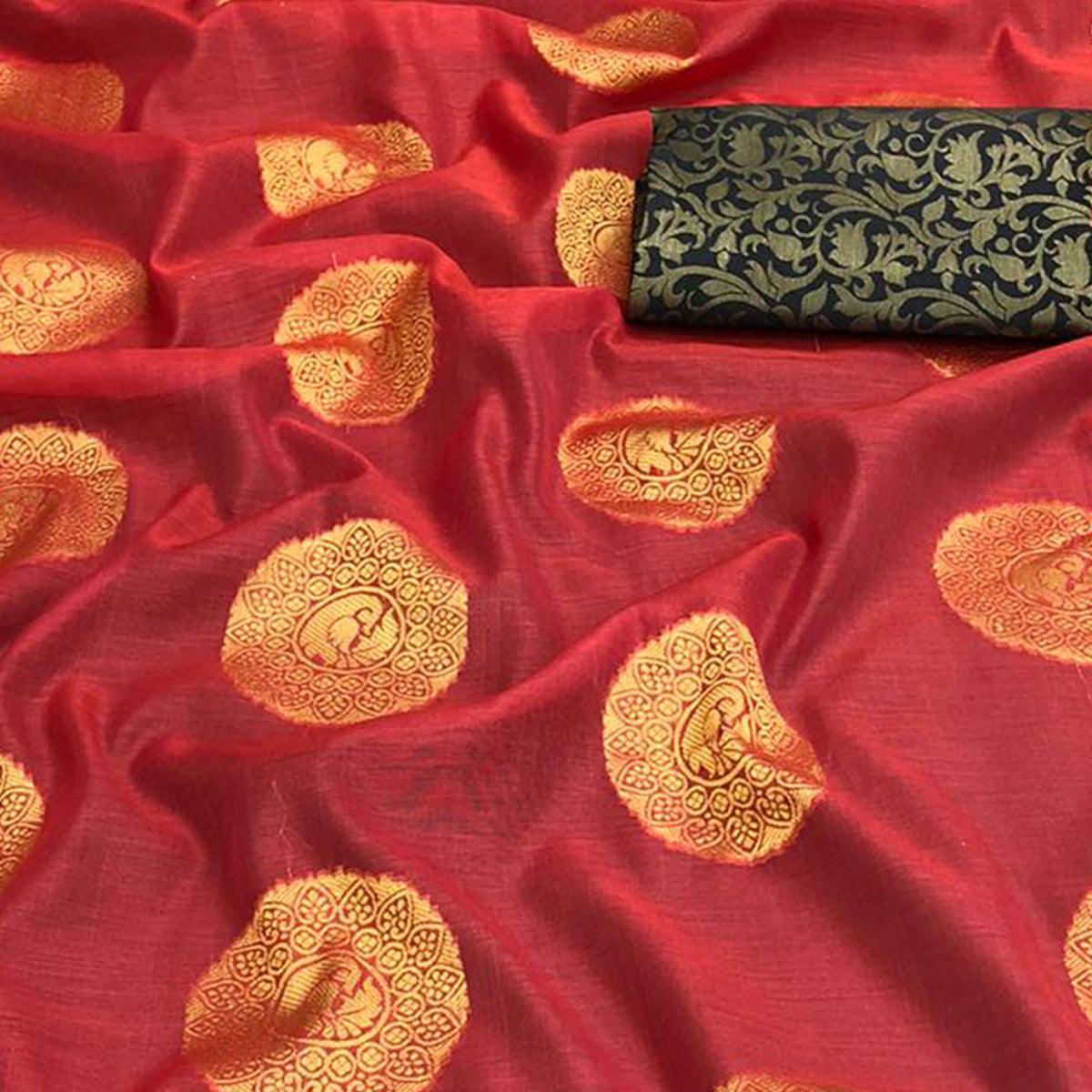 Charming Red Colored Festive Wear Woven Cotton Saree