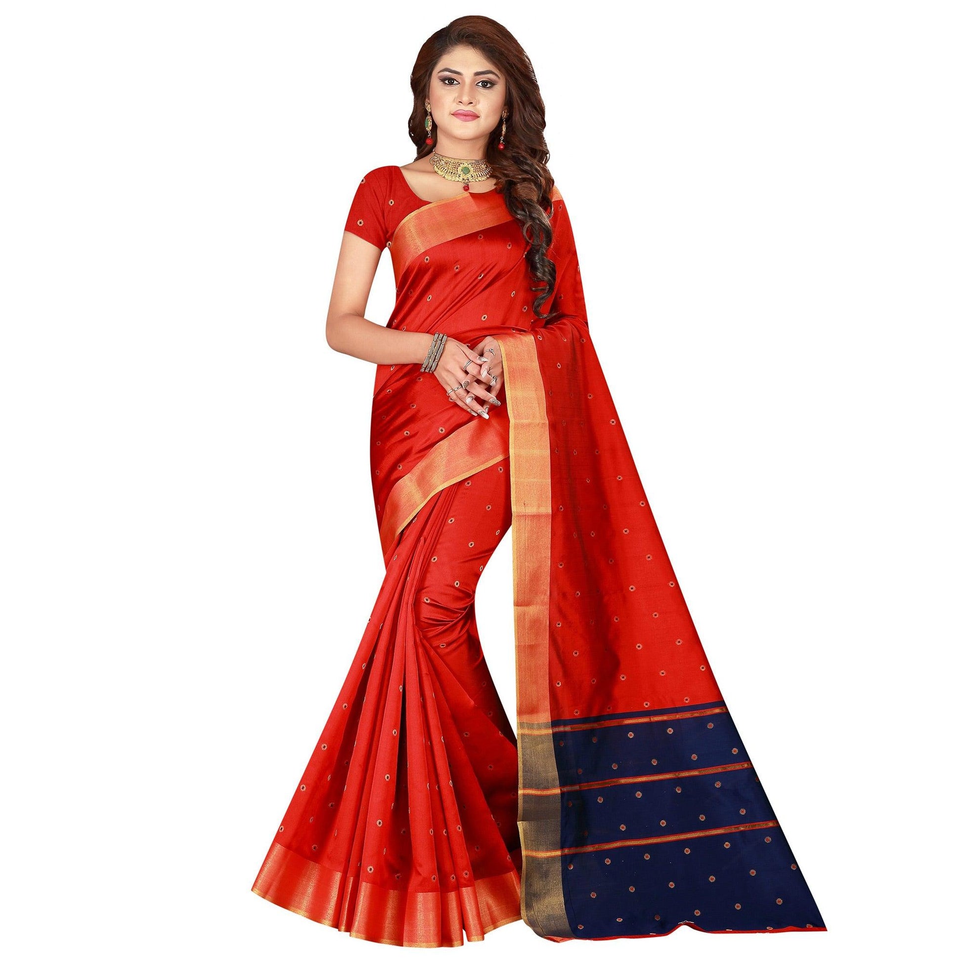 Charming Red Colored Festive Wear Woven Cotton Silk Saree