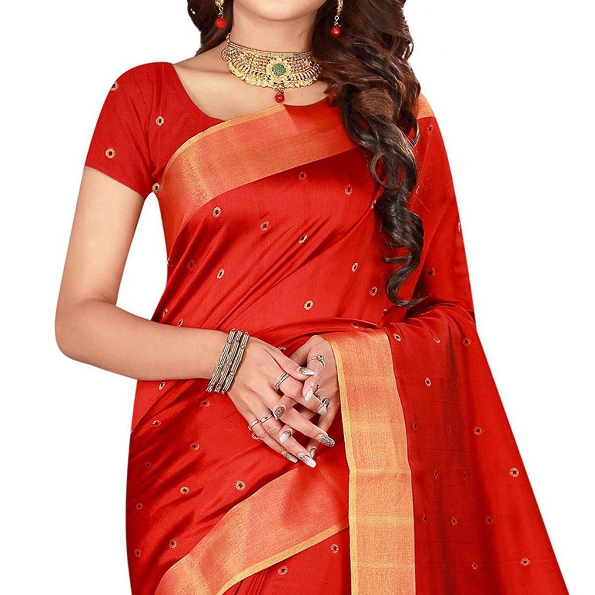 Charming Red Colored Festive Wear Woven Cotton Silk Saree