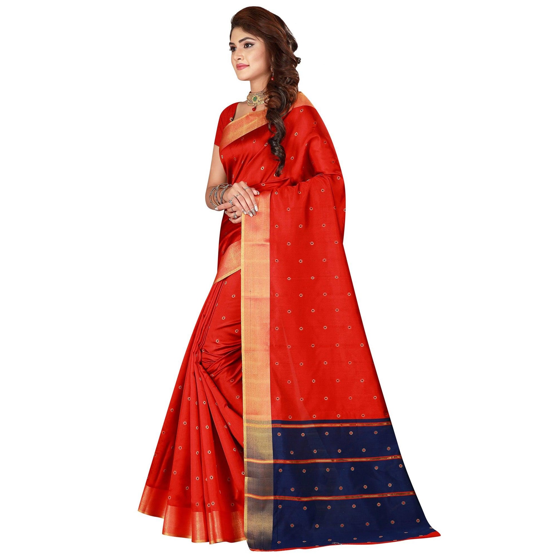 Charming Red Colored Festive Wear Woven Cotton Silk Saree
