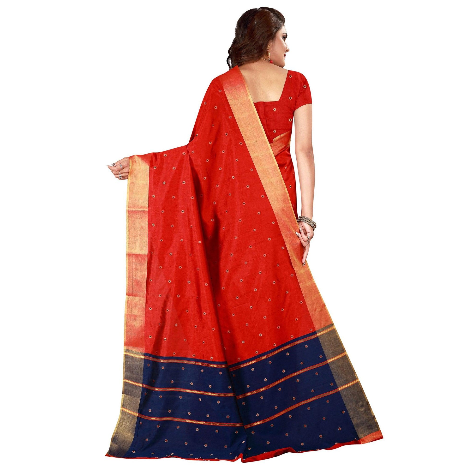 Charming Red Colored Festive Wear Woven Cotton Silk Saree