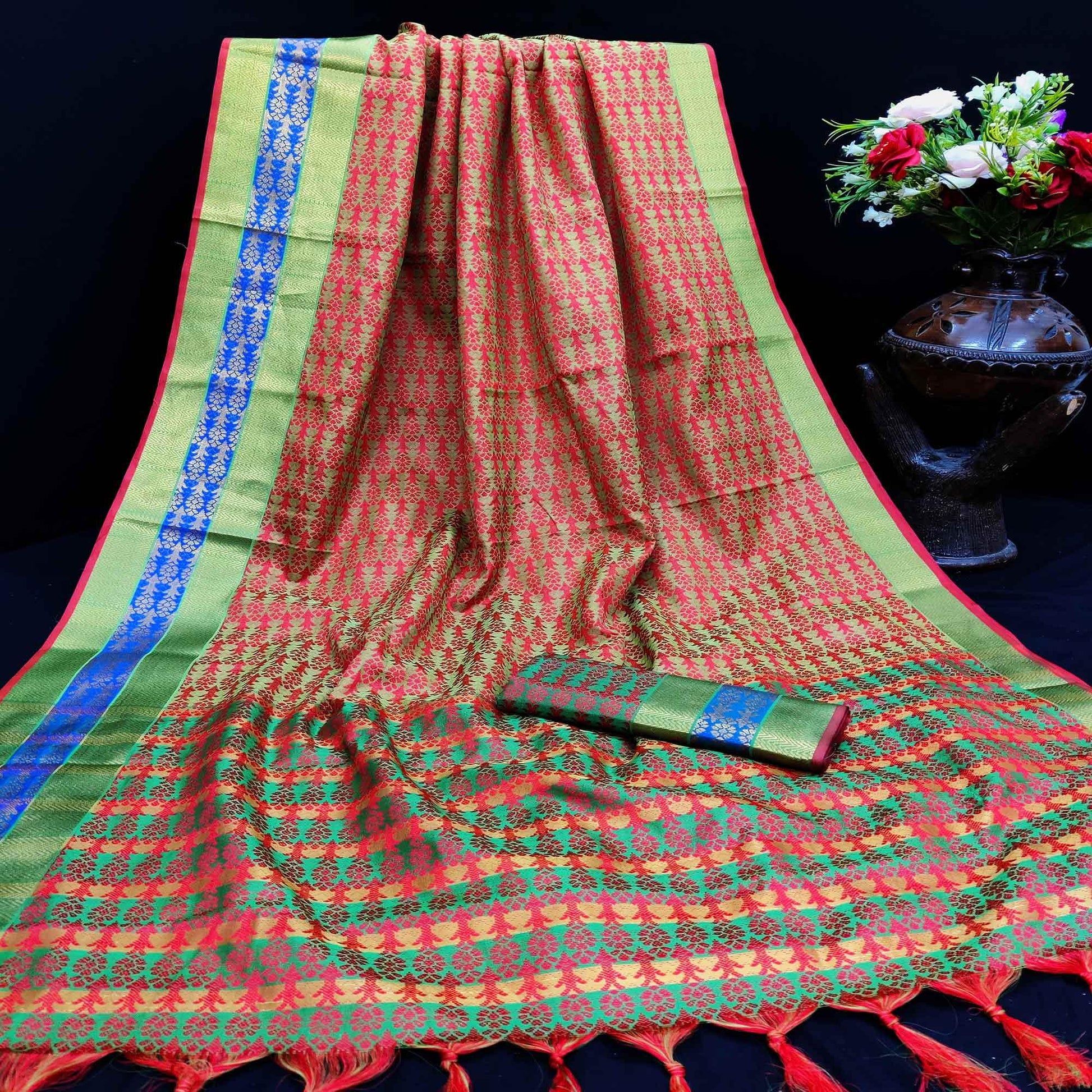 Charming Red Colored Festive Wear Woven Jacqaurd Silk Saree