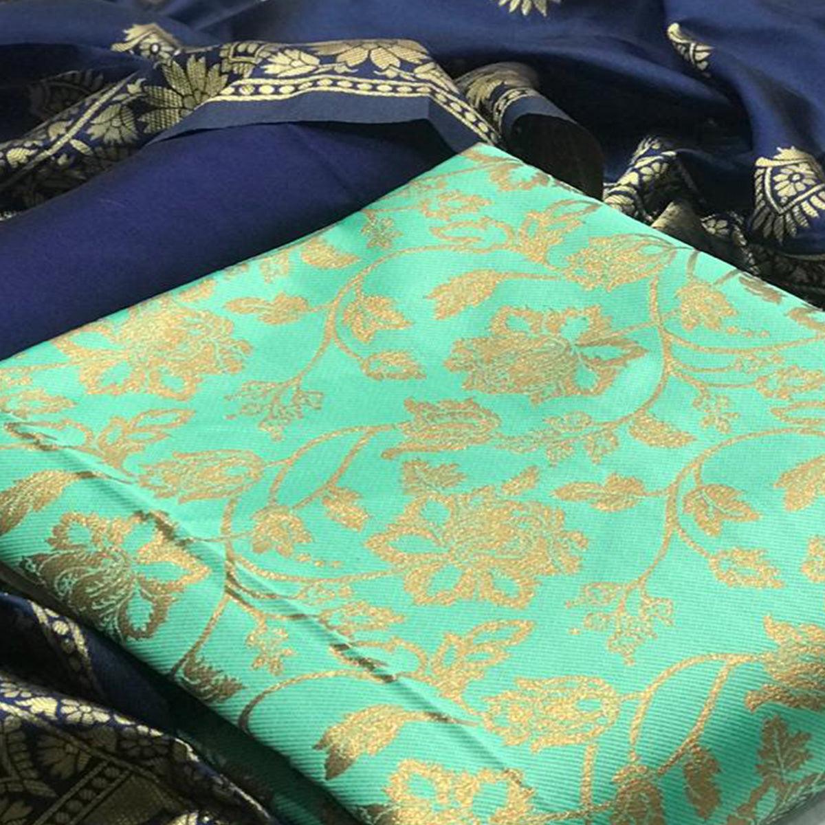 Charming Sea Green Colored Casual Wear Woven Banarasi Silk Dress Material